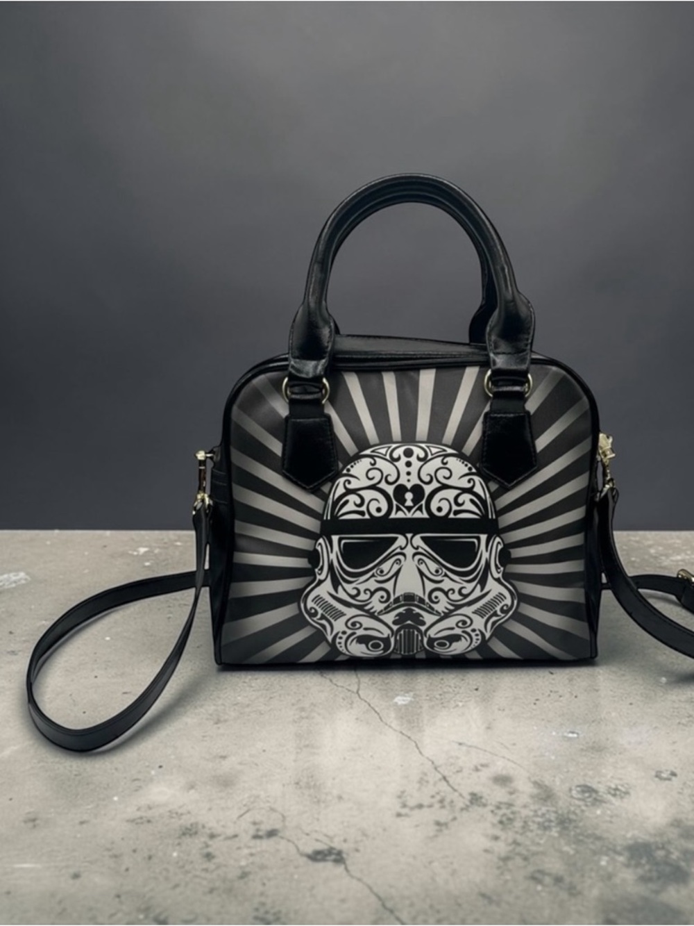 Black Graphic Crossbody Satchel with Bold Stormtrooper Motif